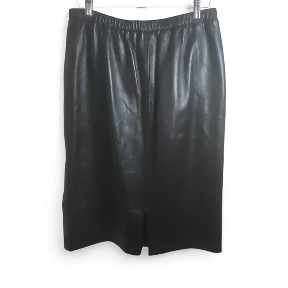 Bettina Vintage Black Genuine Leather Midi Skirt Elastic Waist Womens M US 8